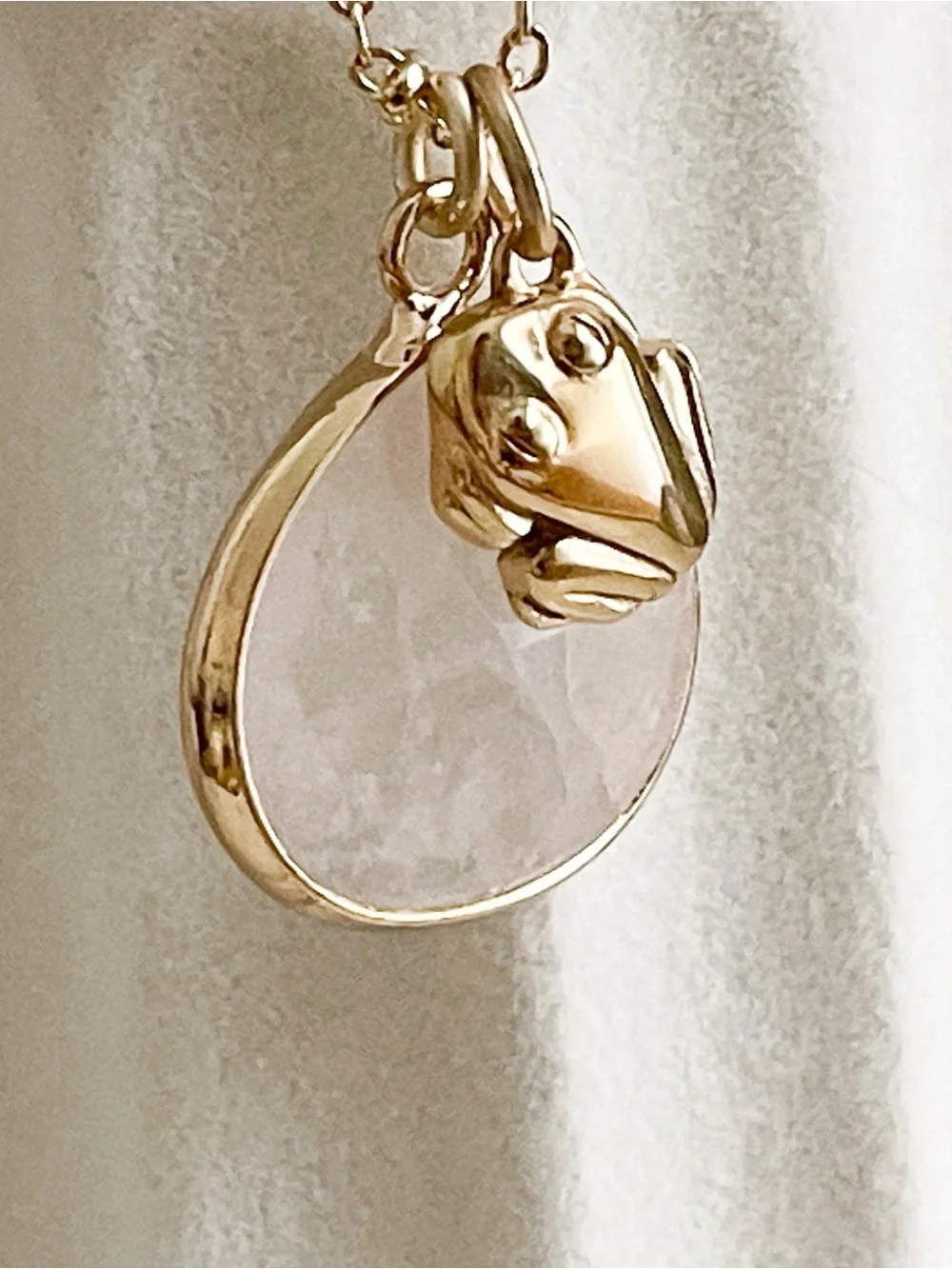Gold Faceted quartz crystal frog charm necklace